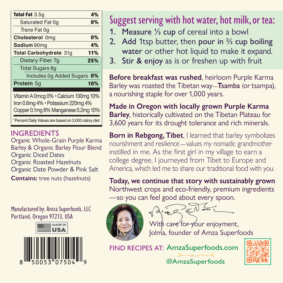 No-cook Purple Barley Tsamba Hot Cereal with Hazelnuts & Dates