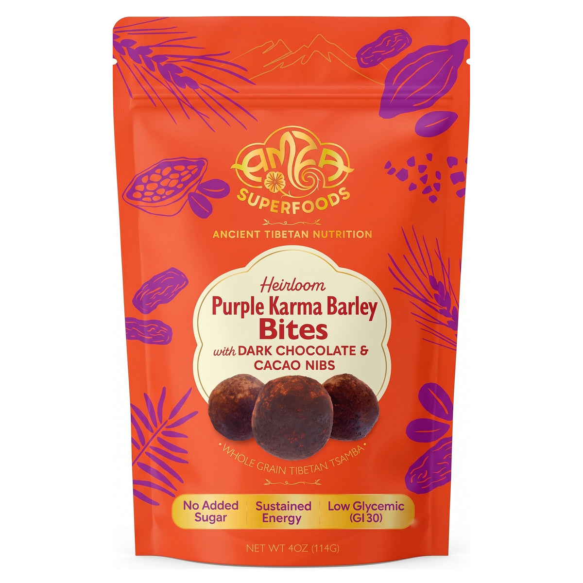 Heirloom Purple Barley Tsamba Bites with Dark Chocolate & Cacao Nibs