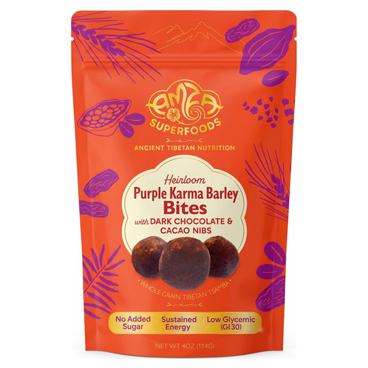 Purple Barley Tsamba Bites with Dark Chocolate & Cacao Nibs