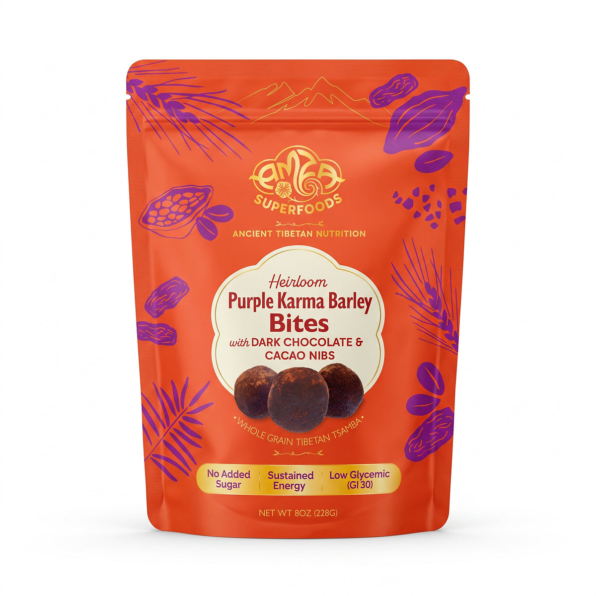 Heirloom Purple Barley Tsamba Bites with Dark Chocolate & Cacao Nibs