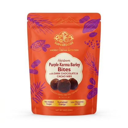 Heirloom Purple Barley Tsamba Bites with Dark Chocolate & Cacao Nibs