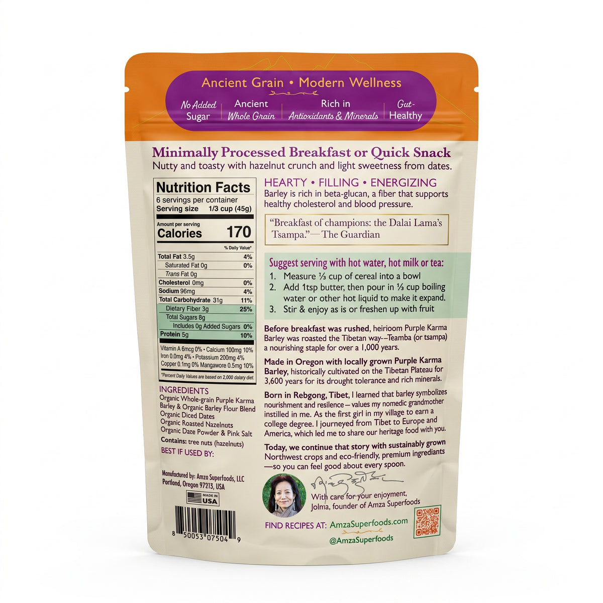 No-cook Purple Barley Tsamba Hot Cereal with Hazelnuts & Dates