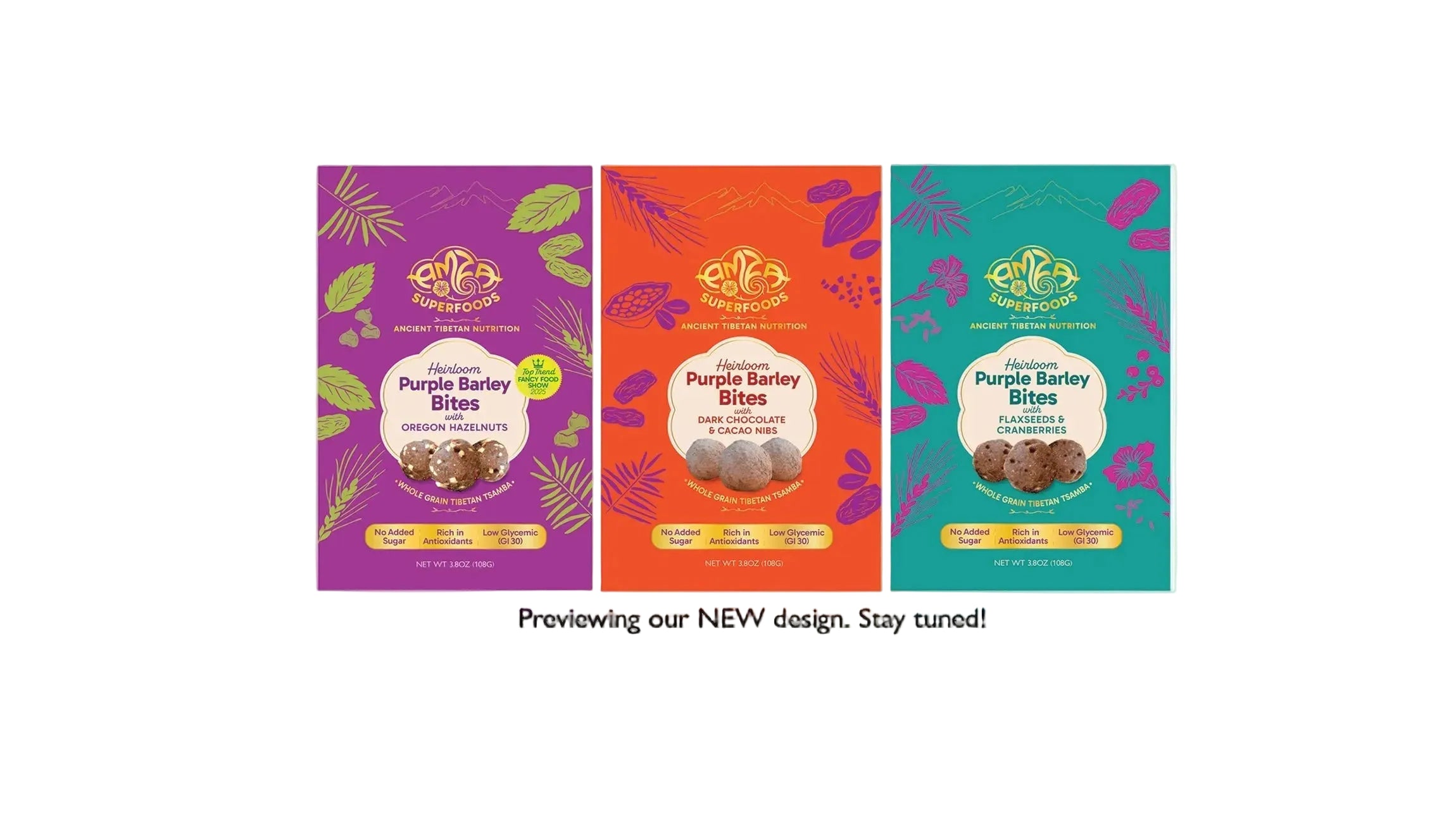 Three colorful packages of Purple Barley Bites flavors with Amza Superfoods branding on a white background.