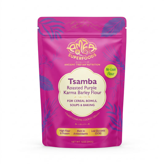 A stand-up pouch of  Tibetan Tsamba (aka tsampa)– No-cook Roasted Purple Karma Barley Flour, featuring a bright magenta-pink background with purple leaf illustrations and a cream-colored central label.